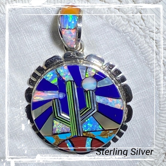 Native Jewelry - Signed-SM Native Sterling Silver Cactus Inlaid Pendant
